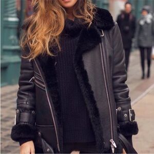 Zara Black Leather Shearling Jacket